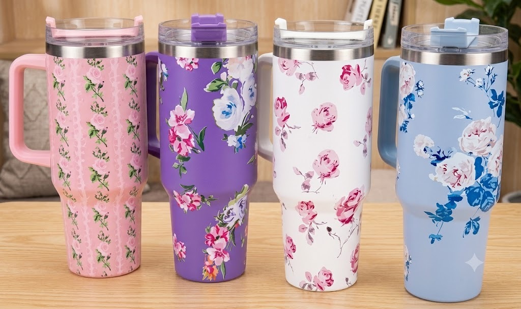 AR3282 ( Premium Floral Stainless Steel Insulated Travel Tumbler with Handle & Straw Lid (40 oz) ) PcsCtn.25