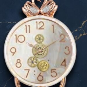 YS1437 ( Luxury Swan Pearl Dial Wall Clock with Decorative Moving Gears & Crystal Pendulum – Rose Gold Finish )10PCS CTN