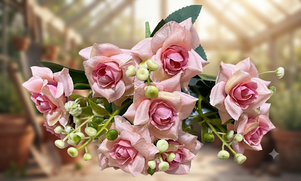 YS240 ( Premium Artificial Pink Rose Flower Bouquet with Berry Stems ) 1000PCS CTN