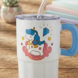 YS2456 ( Cute Unicorn Printed Tumbler Mug with Lid, Straw & Handle )