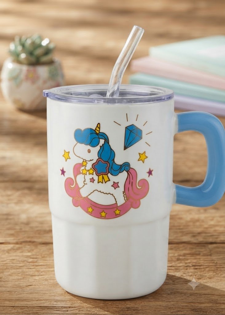 YS2456 ( Cute Unicorn Printed Tumbler Mug with Lid, Straw & Handle )