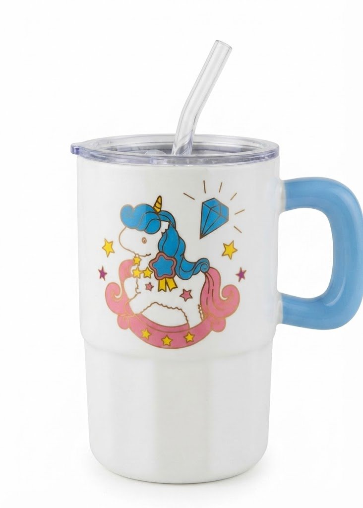 YS2456 ( Cute Unicorn Printed Tumbler Mug with Lid, Straw & Handle ) - Image 2