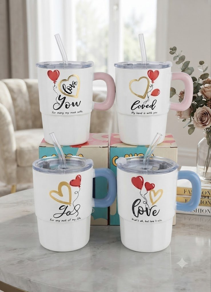 YS2457 ( Love & Heart Printed Tumbler Mug with Lid, Straw & Handle ) 72PCS CTN