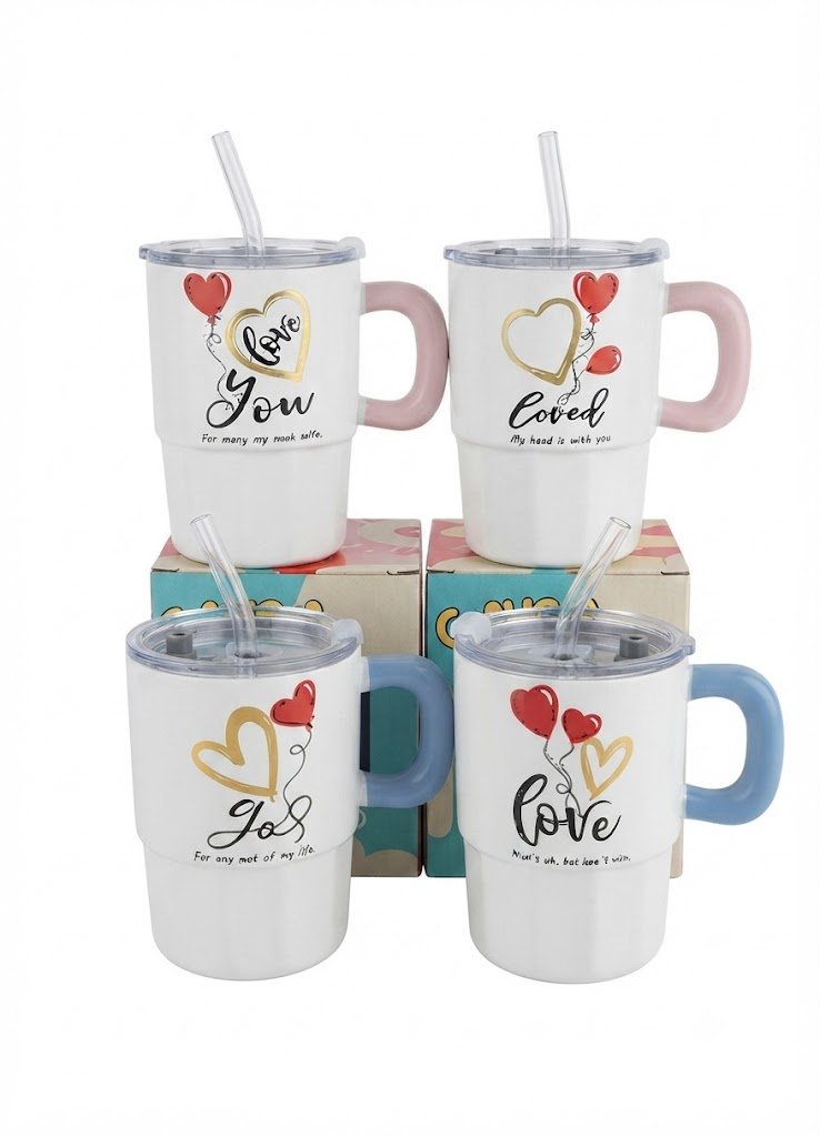 YS2457 ( Love & Heart Printed Tumbler Mug with Lid, Straw & Handle ) 72PCS CTN - Image 2