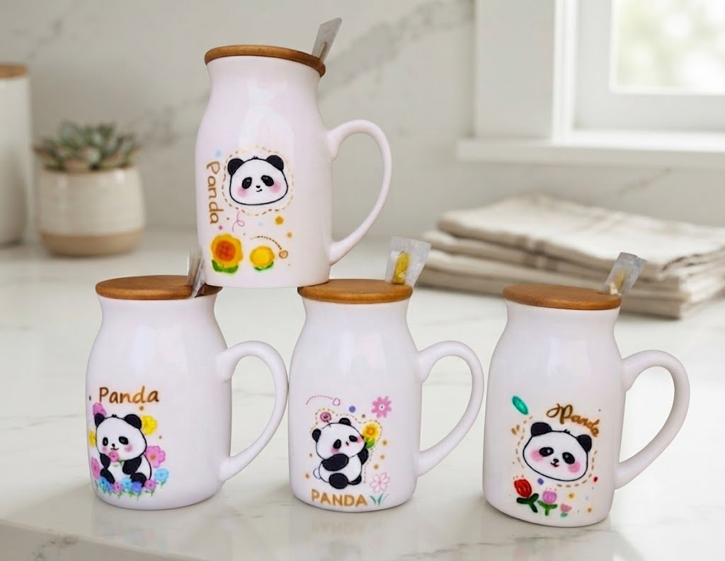 YS2474 ( Cute Panda Printed Ceramic Mug with Wooden Lid & Spoon ) 72PCS CTN