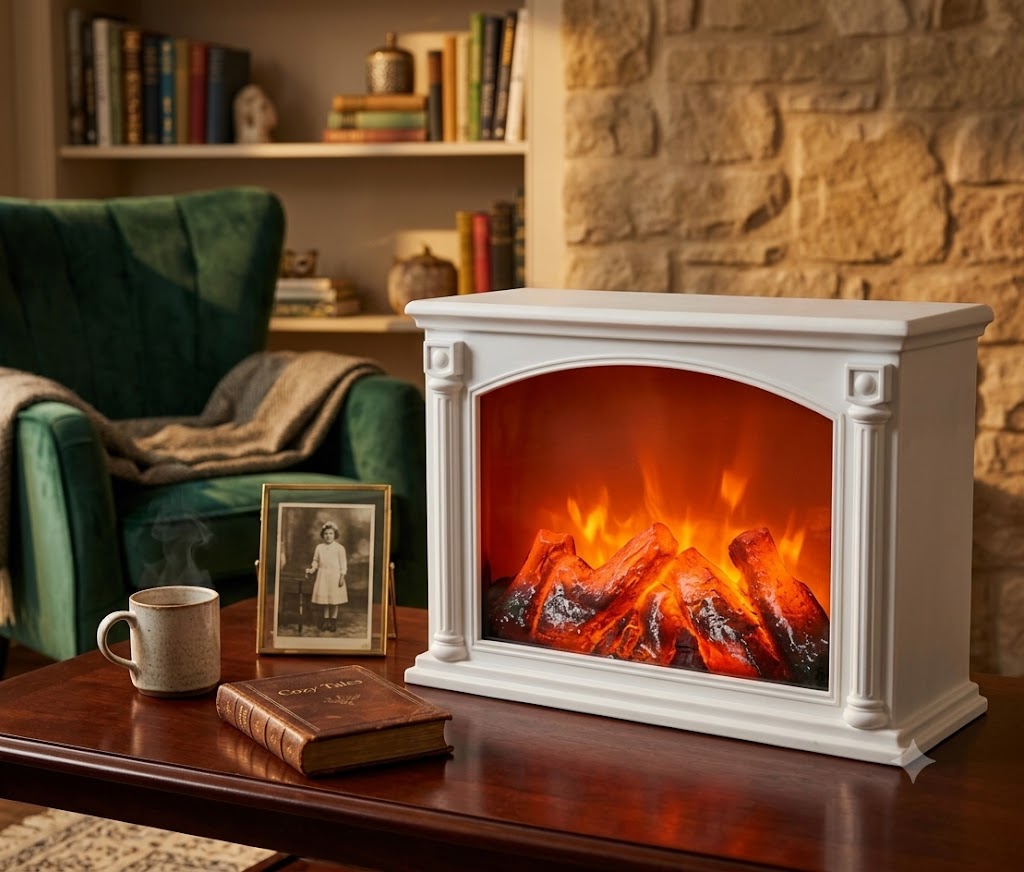 YS964 ( Classic White LED Electric Fireplace Decorative Tabletop Showpiece with Realistic Flame Effect ) 16PCS CTN