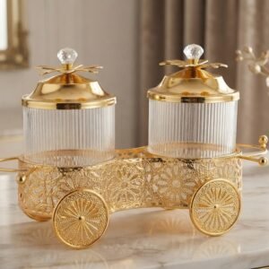 YS2202 ( Luxury 2-Piece Glass Spice Jar Set with Decorative Gold Trolley Stand )