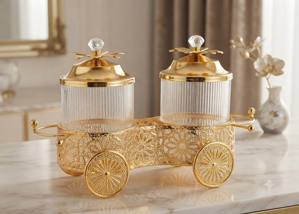 YS2202 ( Luxury 2-Piece Glass Spice Jar Set with Decorative Gold Trolley Stand )