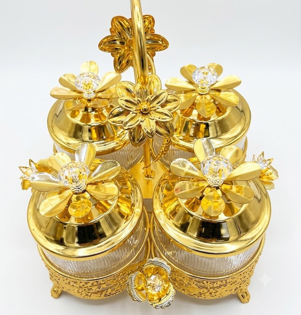 YS2199 ( Luxury 4-Piece Glass Spice Jar Set with Gold Floral Stand ) PcsCtn.12 - Image 2