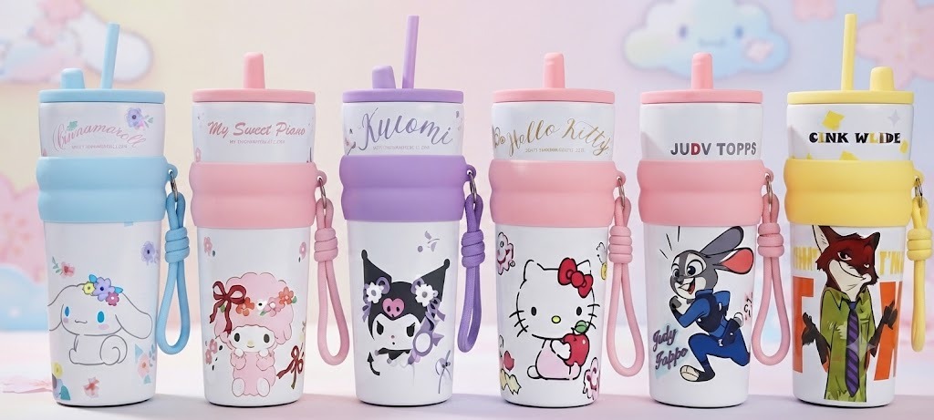 AR3426 ( Cute Cartoon Kids Insulated Straw Water Bottle with Silicone Grip & Carry Strap (500ml) ) PcsCtn50