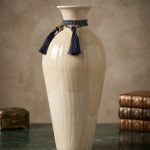 10566-M WHITE ( Elegant Ivory Ceramic Vase with Navy Tassel Accent )
