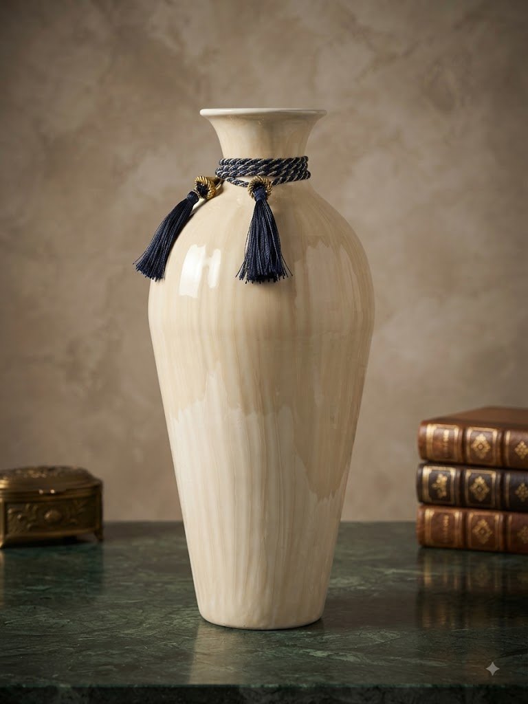 10566-M WHITE ( Elegant Ivory Ceramic Vase with Navy Tassel Accent )