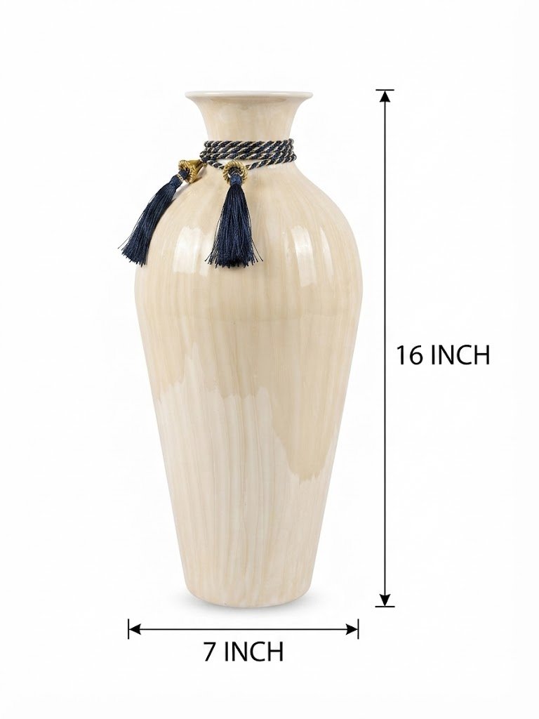 10566-M WHITE ( Elegant Ivory Ceramic Vase with Navy Tassel Accent ) - Image 2