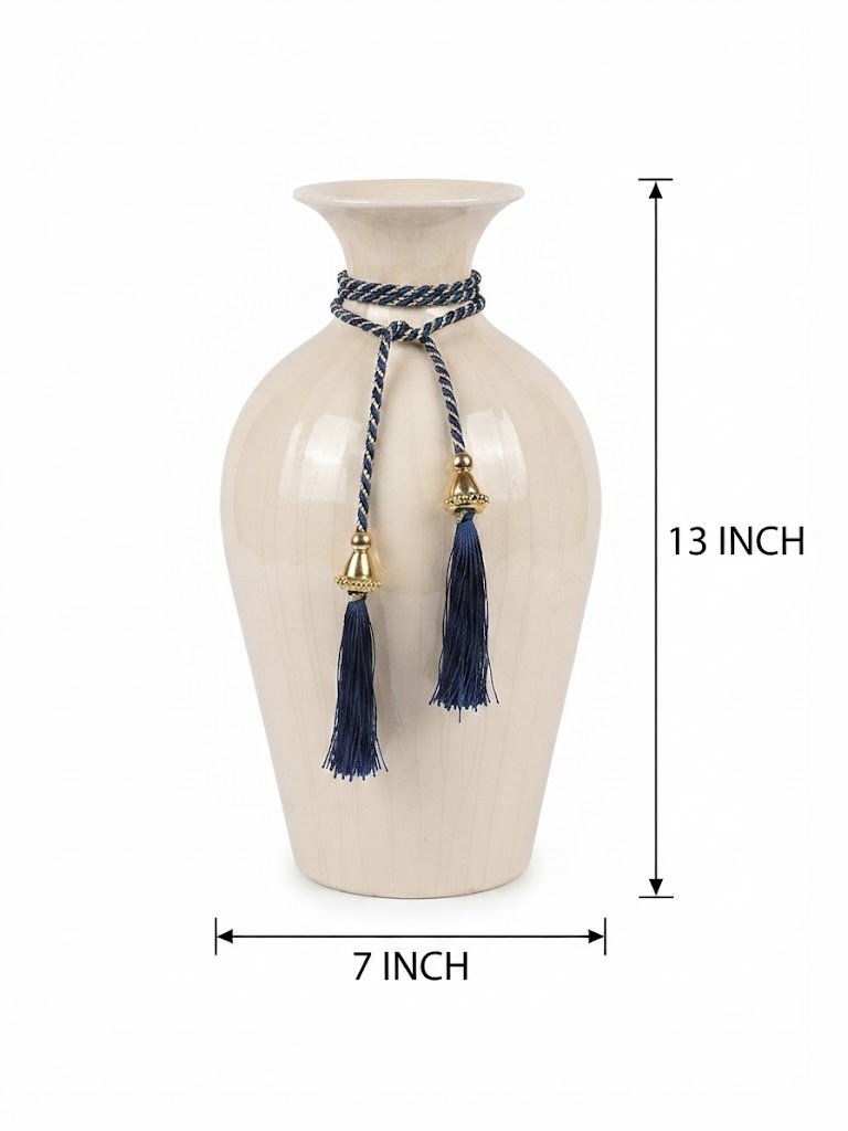 10566 ( Elegant Ivory Ceramic Vase with Blue Tassel Rope Decoration ) - Image 2