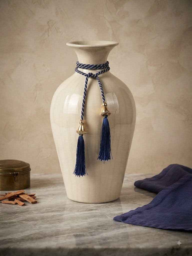 10566 ( Elegant Ivory Ceramic Vase with Blue Tassel Rope Decoration )