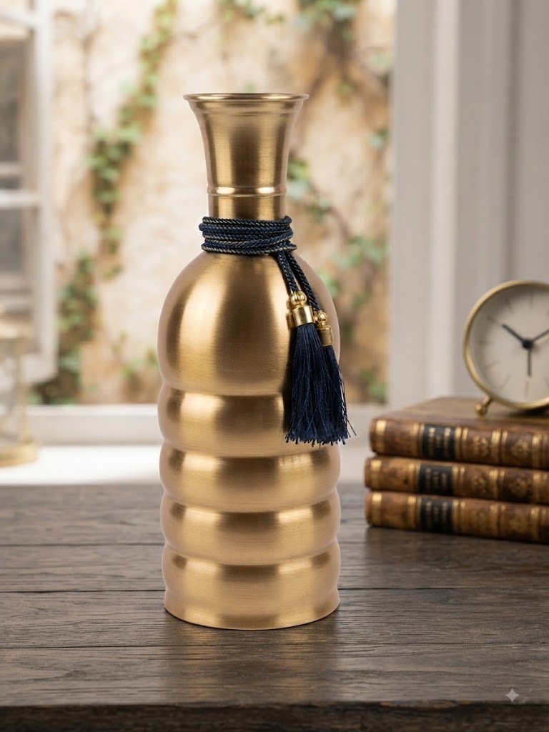 1065 ( Luxury Antique Brass Decorative Vase with Navy Tassel )