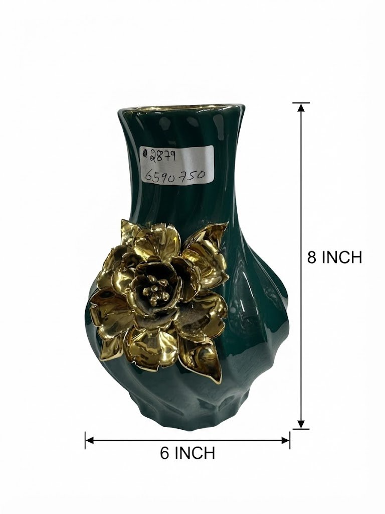 2879 ( Royal Emerald Green Ceramic Vase with Golden Floral Embellishment ) - Image 2
