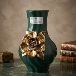 2879  ( Royal Emerald Green Ceramic Vase with Golden Floral Embellishment )