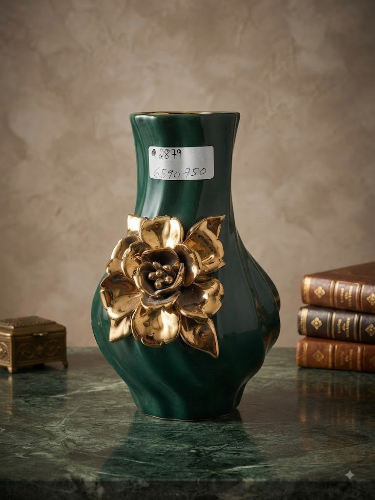2879 ( Royal Emerald Green Ceramic Vase with Golden Floral Embellishment )
