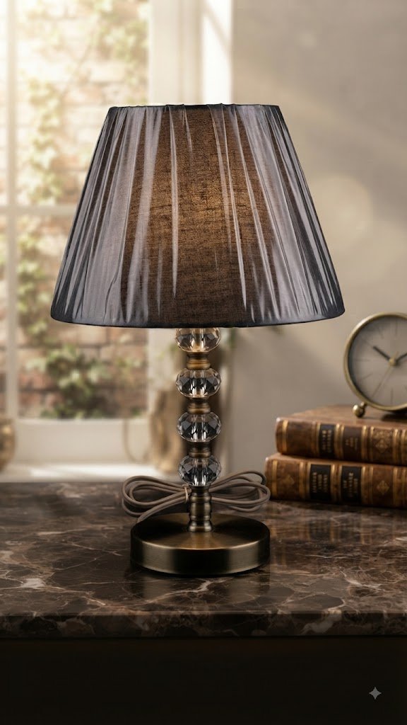 2944 ( Elegant Crystal Beaded Table Lamp with Black Pleated Shade )