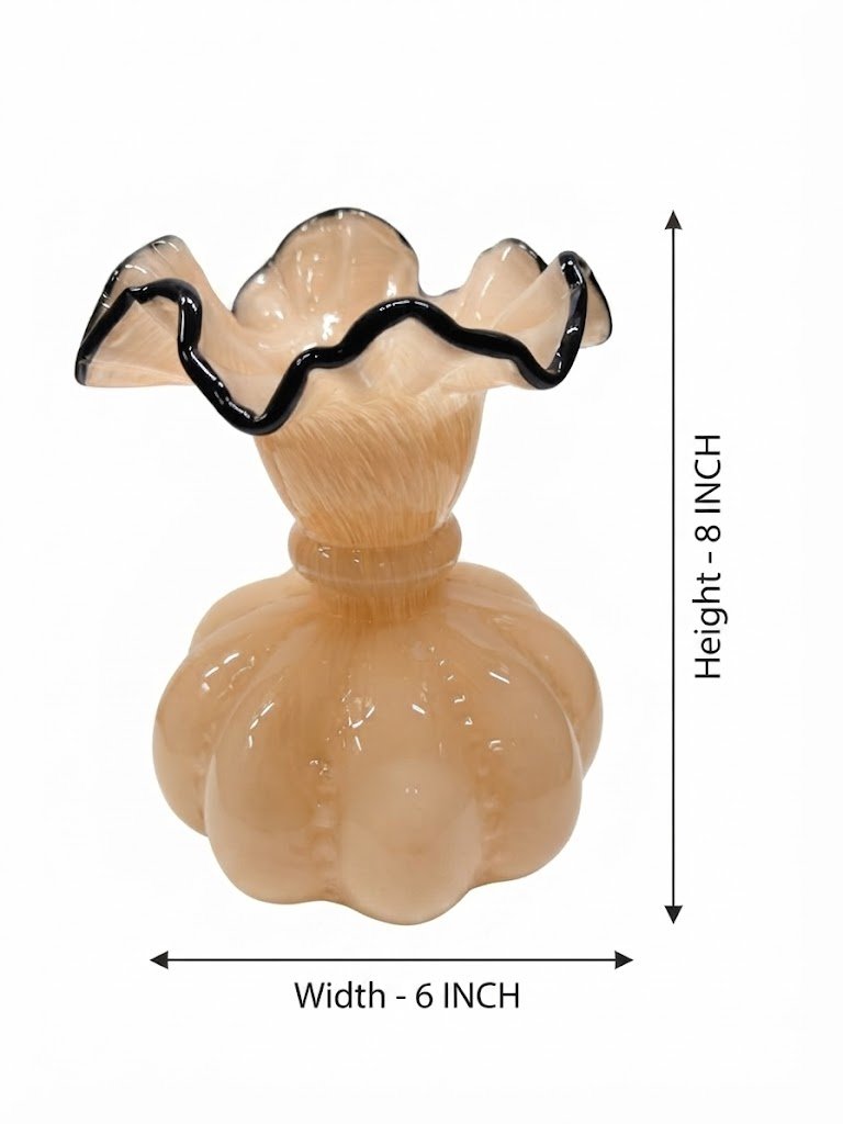 3623 ( Peach Opalescent Art Glass Ruffled Vase with Black Threaded Rim ) - Image 2