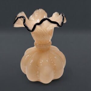 3623  ( Peach Opalescent Art Glass Ruffled Vase with Black Threaded Rim )