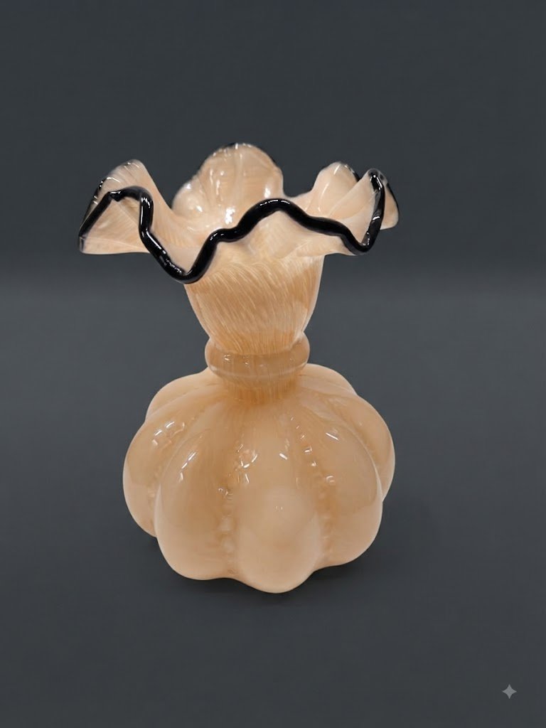3623 ( Peach Opalescent Art Glass Ruffled Vase with Black Threaded Rim )