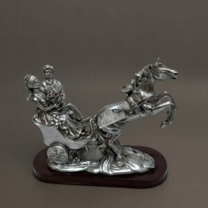 3875 ( Silver-Tone Mythological Chariot Sculpture with Rearing Horses and Figures