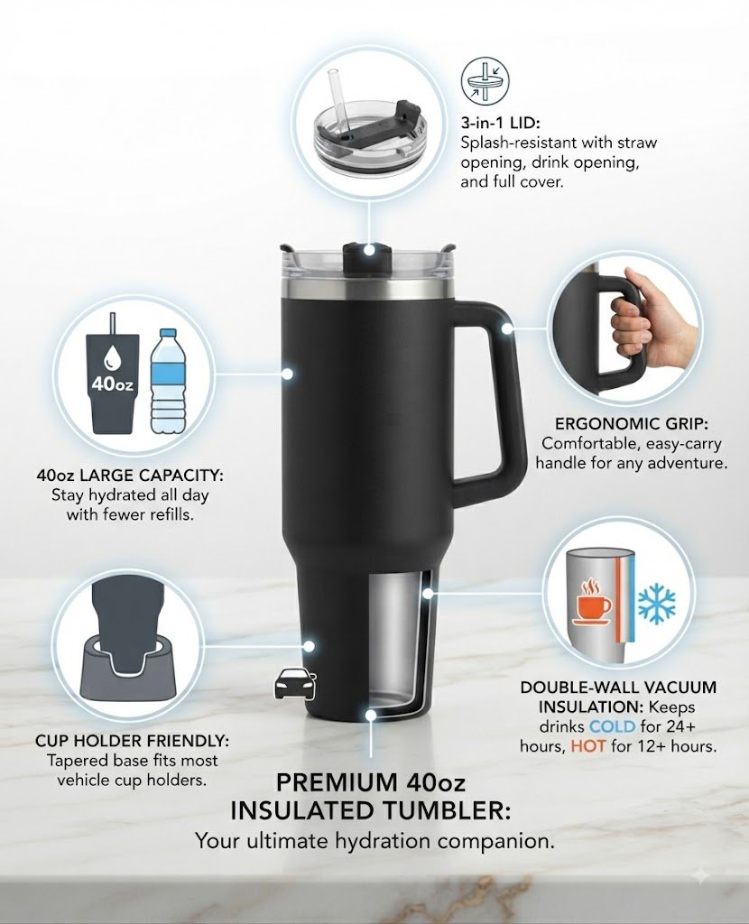 Premium Stainless Steel Tumbler with Handle & Straw - Image 4