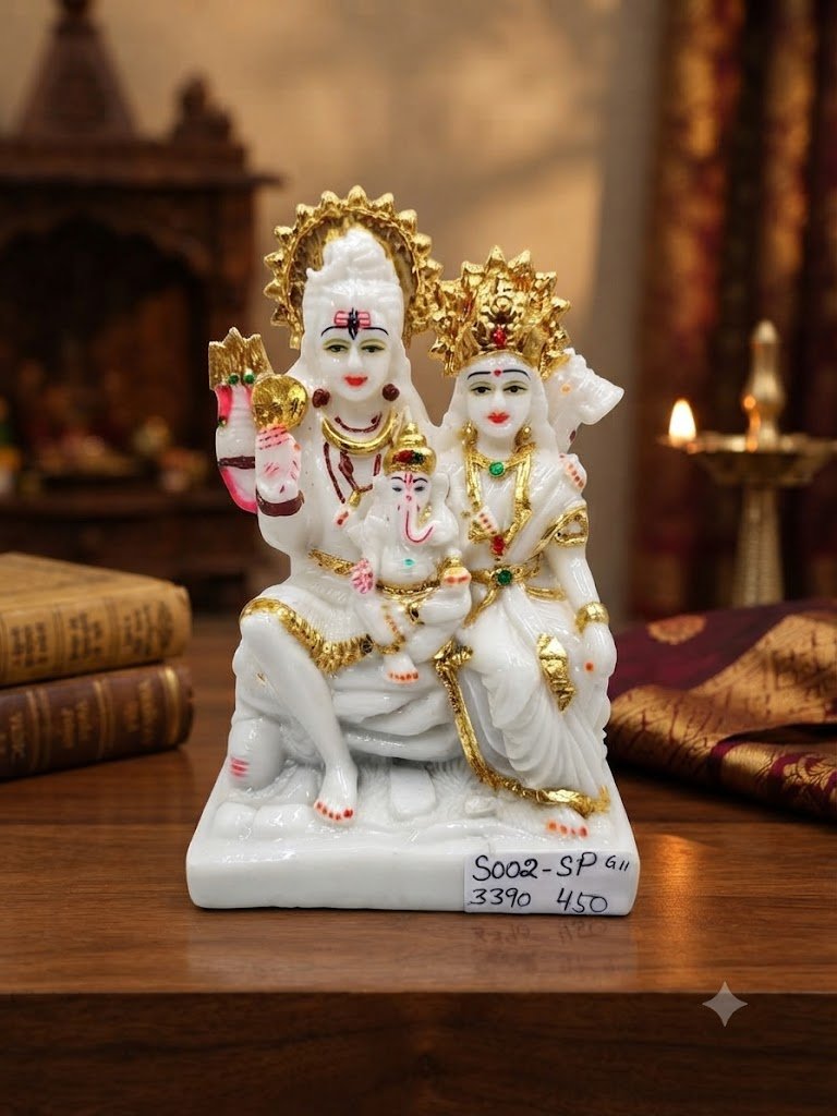 5002 ( White Marble Lord Shiva, Goddess Parvati & Lord Ganesha Family Idol )