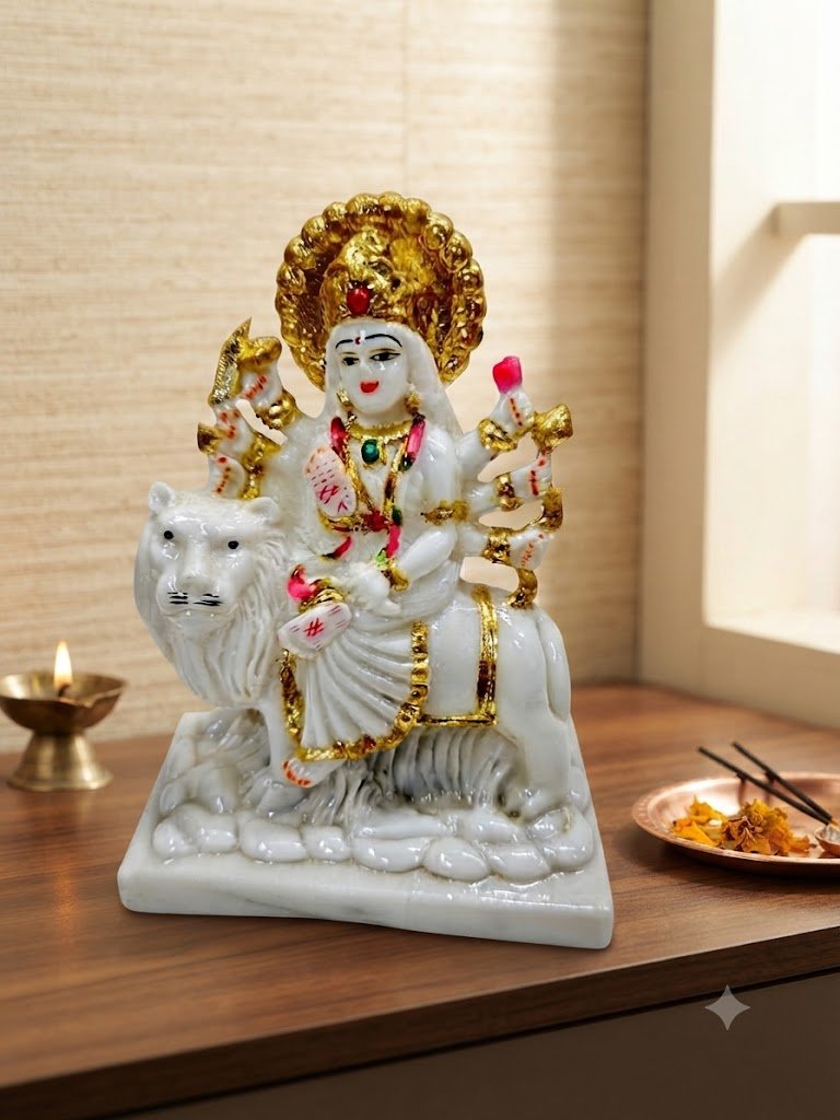 5003 ( White Marble Goddess Durga Idol with Lion )