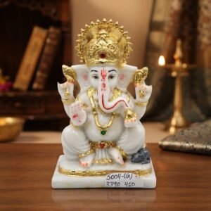 5004(G) ( White Marble Lord Ganesha Idol with Golden Crown )