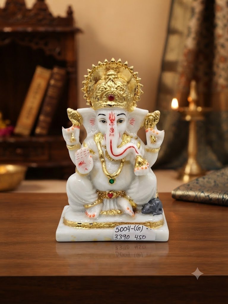 5004(G) ( White Marble Lord Ganesha Idol with Golden Crown )
