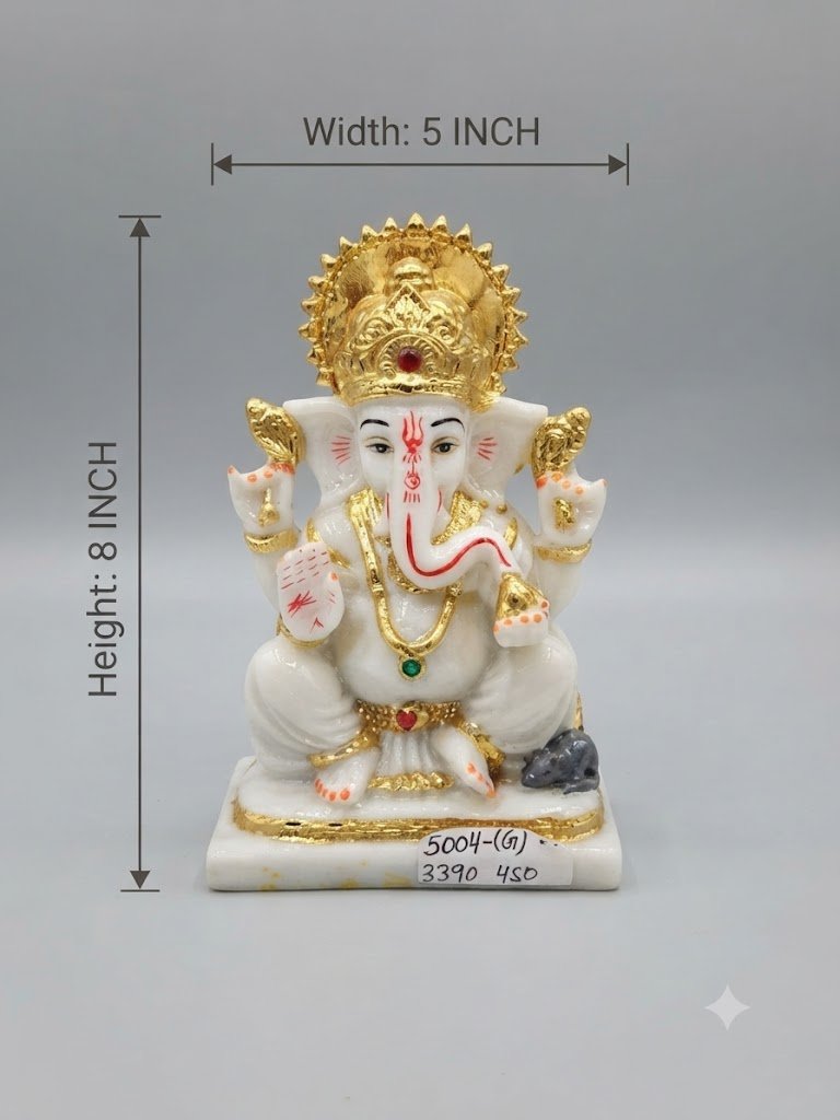 5004(G) ( White Marble Lord Ganesha Idol with Golden Crown ) - Image 2