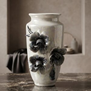 5987 ( Iridescent White Floral Relief Vase )