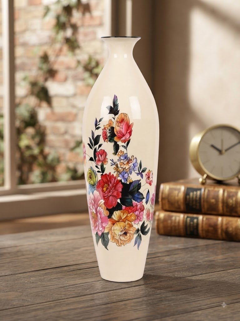 705 ( Elegant White Floral Print Decorative Floor Vase )