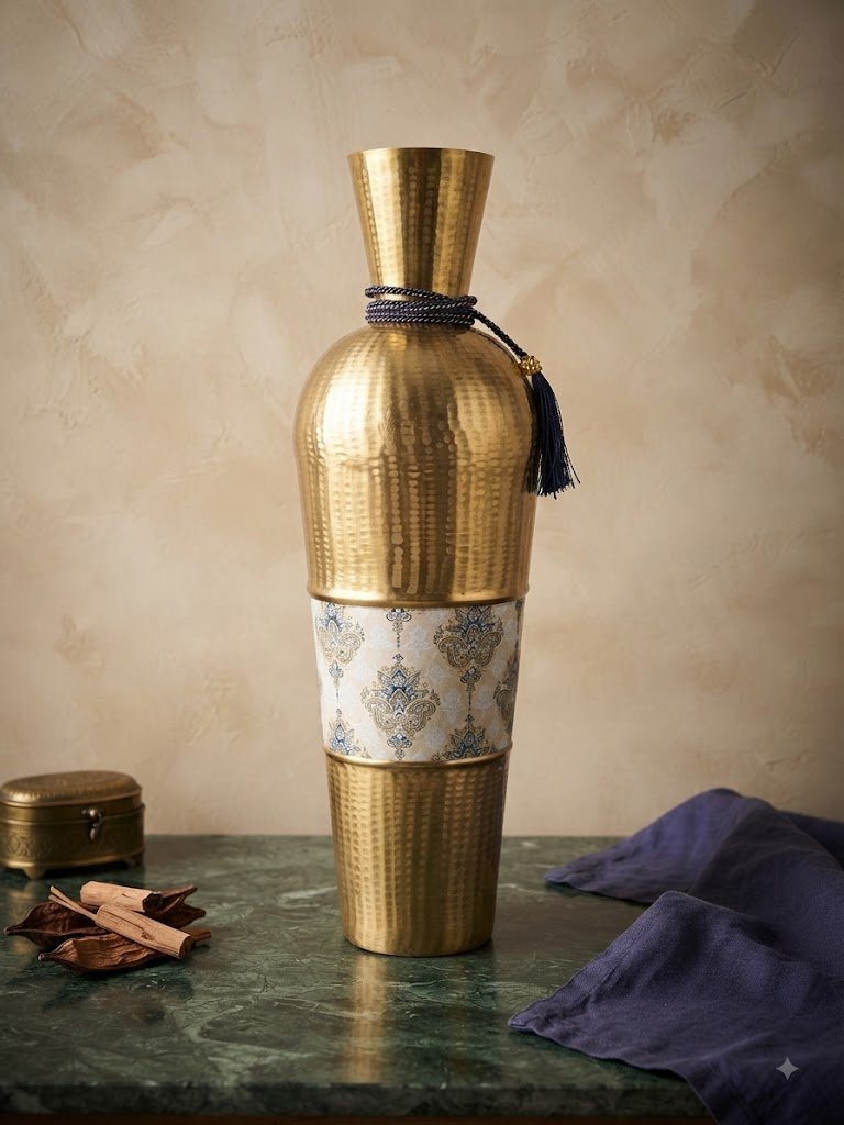 9615 (A) ( Royal Golden Hammered Metal Decorative Vase with Blue Tassel )