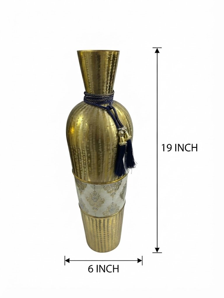 9615 ( Elegant Golden Hammered Vase with Cream Patterned Band & Blue Tassel ) - Image 2