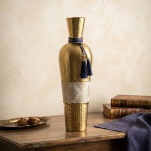 9615 ( Elegant Golden Hammered Vase with Cream Patterned Band & Blue Tassel )