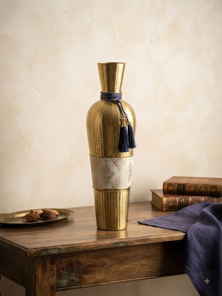 9615 ( Elegant Golden Hammered Vase with Cream Patterned Band & Blue Tassel )