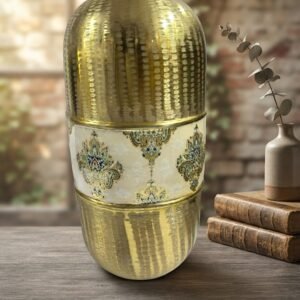 9618  ( Royal Gold Hammered Decorative Vase with Ornamental Cream Band )
