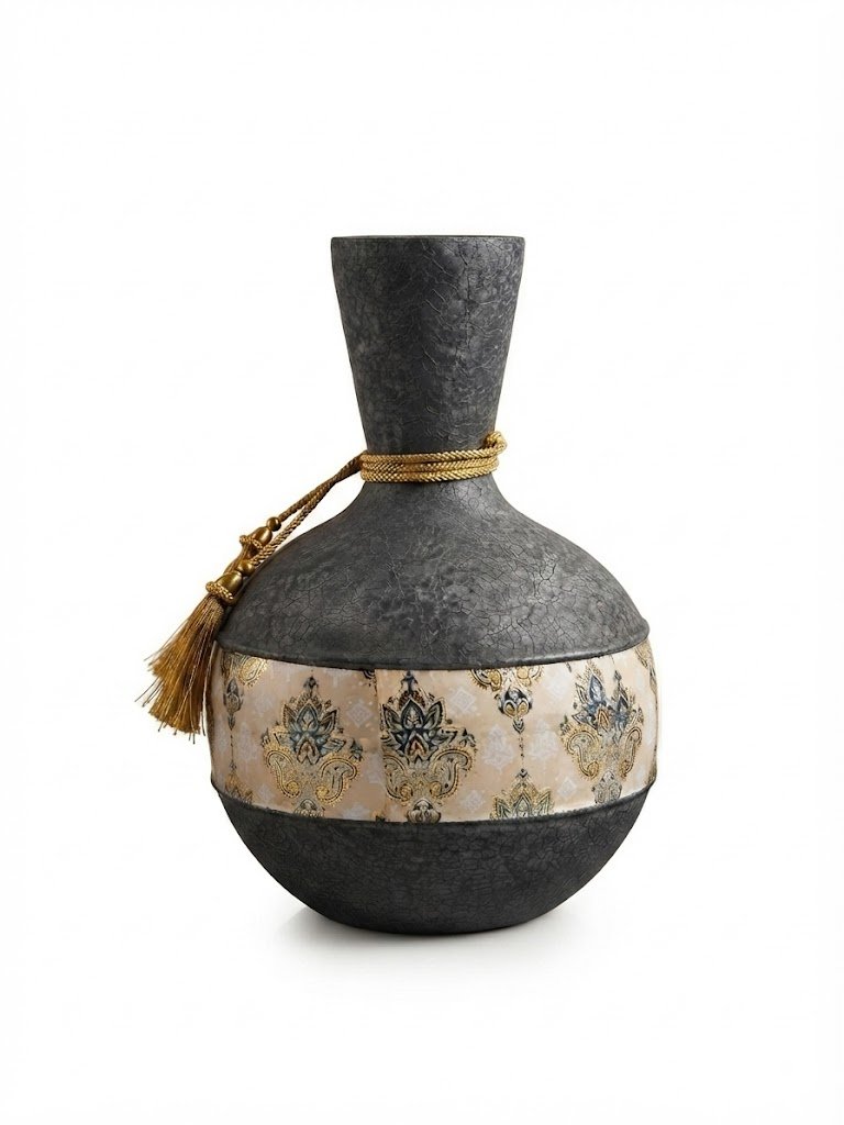 9864 ( Elegant Black & Cream Ornamental Decorative Vase with Golden Tassel ) - Image 2