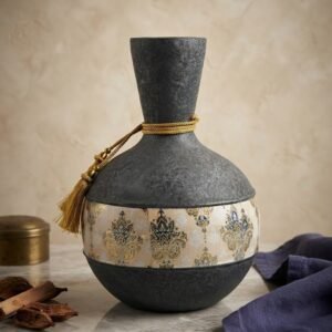 9864  ( Elegant Black & Cream Ornamental Decorative Vase with Golden Tassel )