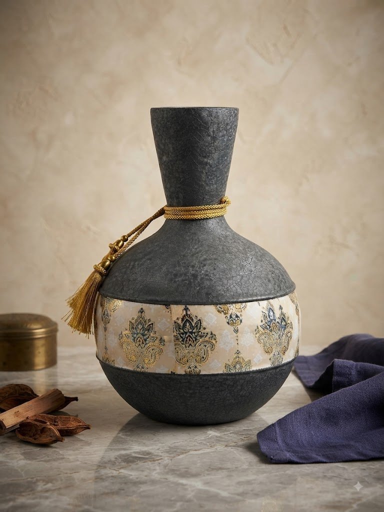 9864 ( Elegant Black & Cream Ornamental Decorative Vase with Golden Tassel )