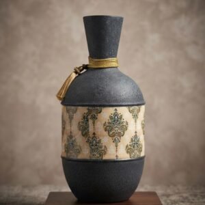 9866 ( Elegant Charcoal Black Decorative Vase with Ornamental Band & Golden Tassel )
