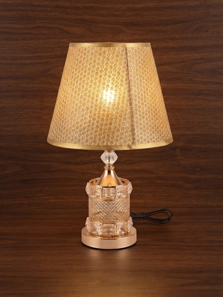 AR 7580 ( Elegant Golden Crystal Table Lamp with Patterned Fabric Shade )