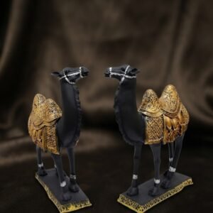 BB-IM-111  ( Ornate Black Camel Figurine Pair with Gold Embellished Saddles )