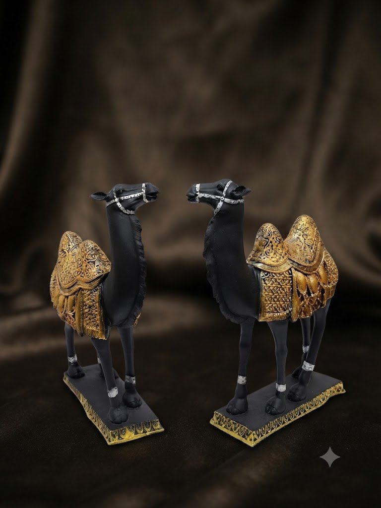 BB-IM-111 ( Ornate Black Camel Figurine Pair with Gold Embellished Saddles )