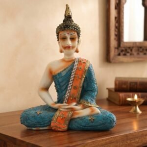 Calove 0601 ( Ornate Seated Buddha Statue in Teal and Saffron Robes )