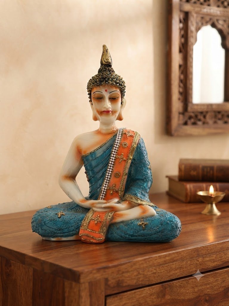 Calove 0601 ( Ornate Seated Buddha Statue in Teal and Saffron Robes )